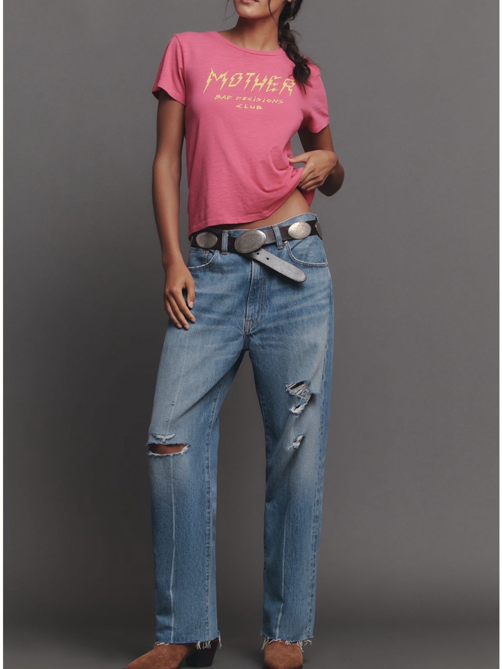 NWT MOTHER Superior Pink Graphic Tshirt “Bad Decisions Club” Cotton | Size L